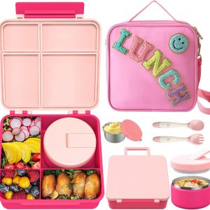 Kids Bento Lunch Box with 8oz Soup Thermo, Kids Leakproof Lunch Food Containers with 4 Compartment,Insulated Hot Food Jar with Lunch Bag for School, Travel (Pink)
