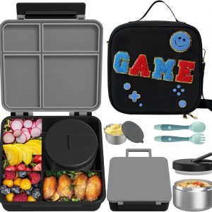 Kids Bento Lunch Box with 8oz Soup Thermo, Kids Leakproof Lunch Food Containers with 4 Compartment,Insulated Hot Food Jar with Lunch Bag for School, Travel (Black)