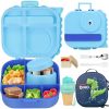 Dinosaur Lunch Box for Kids with Secret Compartment | 4 Compartments Bento Box + 12oz Insulated Food Jar | Leak-Proof Sauce Cup & Collapsible Spoon | BPA-Free, Dishwasher Safe(Blue+Blue Jar)