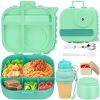 Dinosaur Lunch Box for Kids with Secret Compartment | 4 Compartments Bento Box + 12oz Insulated Food Jar | Leak-Proof Sauce Cup & Collapsible Spoon | BPA-Free, Dishwasher Safe(Green+Green Jar)