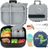 Dinosaur Lunch Box for Kids with Secret Compartment | 4 Compartments Bento Box + 12oz Insulated Food Jar | Leak-Proof Sauce Cup & Collapsible Spoon | BPA-Free, Dishwasher Safe(Grey+Grey Jar)