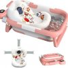 Collapsible Baby Bathtub for Newborn to Toddler (0-24 Months), Portable Baby Bath Tub for Travel, Newborn Bathtub with Soft and Supportive Cushion (Astronaut-Pink)