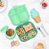 Dinosaur Lunch Box for Kids with Secret Compartment | 4 Compartments Bento Box + 12oz Insulated Food Jar | Leak-Proof Sauce Cup & Collapsible Spoon | BPA-Free, Dishwasher Safe(Green+Green Jar)
