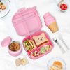Dinosaur Lunch Box for Kids with Secret Compartment | 4 Compartments Bento Box + 12oz Insulated Food Jar | Leak-Proof Sauce Cup & Collapsible Spoon | BPA-Free, Dishwasher Safe (Pink+Pink Jar)