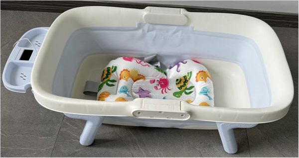 Baby Bathtub for Newborn with Thermometer & Soft Floating Cushion, Bathtub with Drain Hole, Durable Travel Foldable Baby Tubs for Infants to Toddler (Sky Blue)