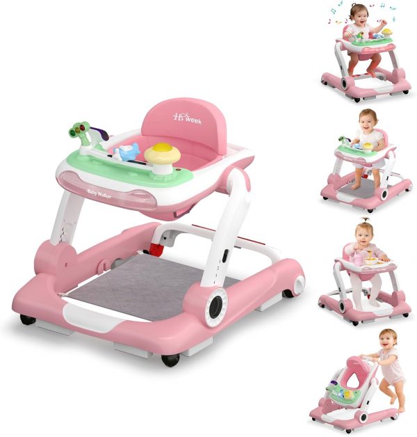 Baby Walker with Wheels, 5 in 1 Walker for Baby Boy Girl 6-12 Months with Bouncer, Music and Lights Baby Jumper Activity Center, Adjustable Height Speed, Push Walker for Ages 6-18 Months Toddler