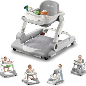 Baby Walker with Wheels, 5 in 1 Walker for Baby Boy Girl with Bouncer, Music and Lights Baby Jumper Activity Center, Adjustable Height, Push Walker for Ages 7-18 Months Toddler (Gray)