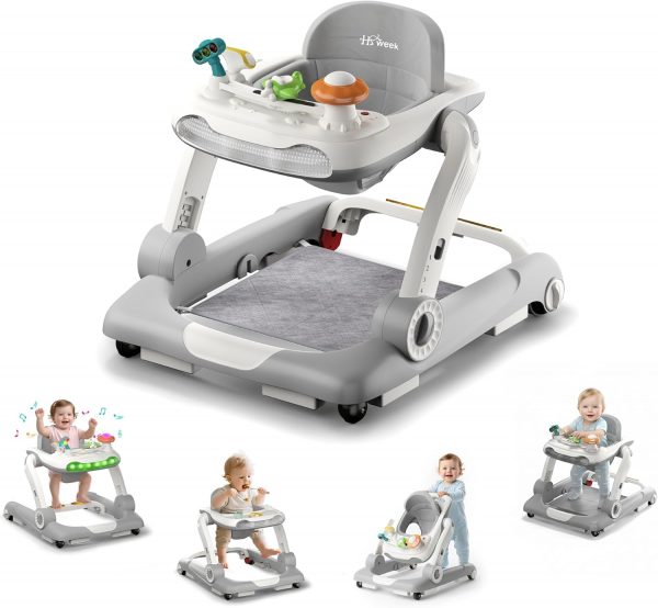Baby Walker with Wheels, 5 in 1 Walker for Baby Boy Girl with Bouncer, Music and Lights Baby Jumper Activity Center, Adjustable Height, Push Walker for Ages 7-18 Months Toddler (Gray)
