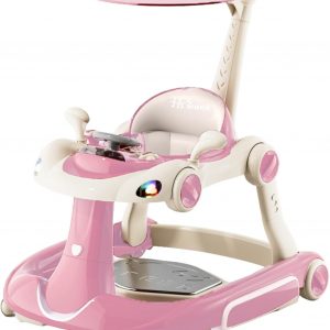 Baby Walker, Height Adjustable Baby Walker with Wheels, Rocker, Activity Center, Bouncer, Push Walker Boys and Girls (Pink)