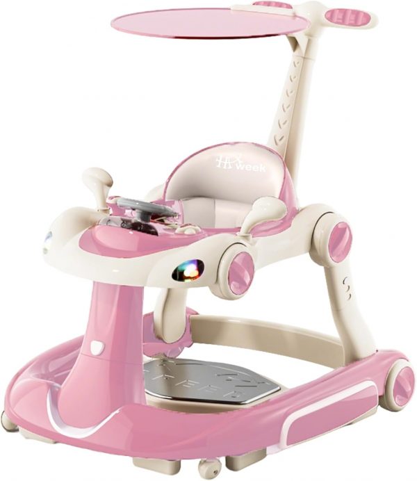 Baby Walker, Height Adjustable Baby Walker with Wheels, Rocker, Activity Center, Bouncer, Push Walker Boys and Girls (Pink)