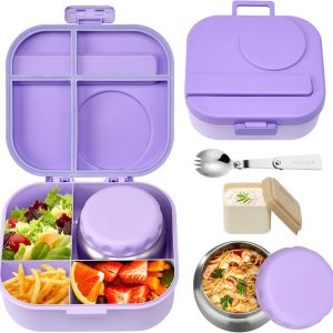 Bento Lunch Box for Kids with 12oz Soup Thermo,4 Compartments Lunch Box Containers Kids, Includes Foldable Spoon &Sauce Jar, BPA Free&Leak proof,Insulated Food Jar for Travel,School (Purple)