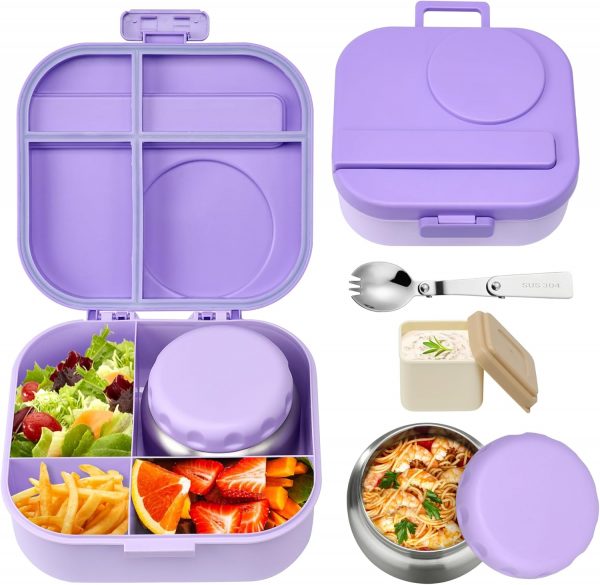 Bento Lunch Box for Kids with 12oz Soup Thermo,4 Compartments Lunch Box Containers Kids, Includes Foldable Spoon &Sauce Jar, BPA Free&Leak proof,Insulated Food Jar for Travel,School (Purple)