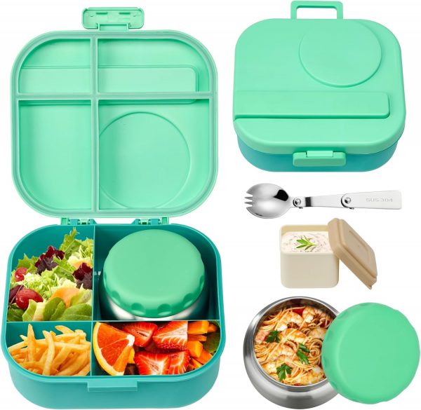 Bento Lunch Box for Kids with 12oz Soup Thermo,4 Compartments Lunch Box Containers Kids, Includes Foldable Spoon &Sauce Jar, BPA Free&Leak proof,Insulated Food Jar for Travel,School,Picnic