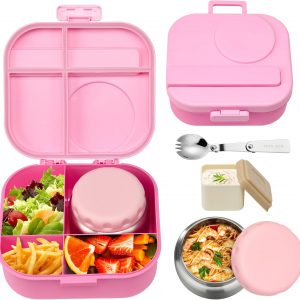 Bento Lunch Box for Kids with 12oz Soup Thermo,4 Compartments Lunch Box Containers Kids, Includes Foldable Spoon &Sauce Jar, BPA Free&Leak proof,Insulated Food Jar for Travel,School (Pink)
