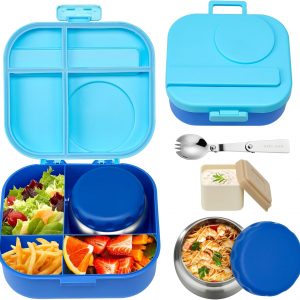 Bento Lunch Box for Kids with 12oz Soup Thermo,4 Compartments Lunch Box Containers Kids, Includes Foldable Spoon &Sauce Jar, BPA Free&Leak proof,Insulated Food Jar for Travel,School,Picnic