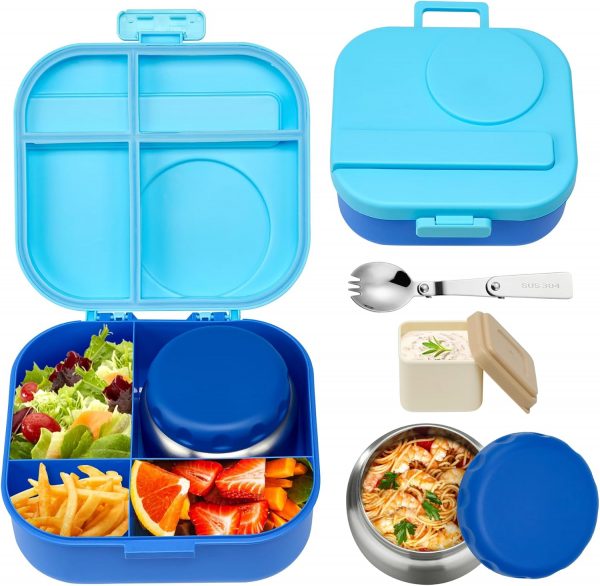 Bento Lunch Box for Kids with 12oz Soup Thermo,4 Compartments Lunch Box Containers Kids, Includes Foldable Spoon &Sauce Jar, BPA Free&Leak proof,Insulated Food Jar for Travel,School,Picnic