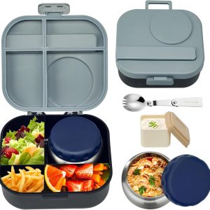 Bento Lunch Box for Kids with 12oz Soup Thermo,4 Compartments Lunch Box Containers Kids, Includes Foldable Spoon &Sauce Jar, BPA Free&Leak proof,Insulated Food Jar for Travel,School (Black)