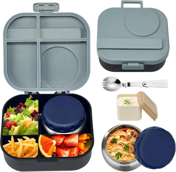 Bento Lunch Box for Kids with 12oz Soup Thermo,4 Compartments Lunch Box Containers Kids, Includes Foldable Spoon &Sauce Jar, BPA Free&Leak proof,Insulated Food Jar for Travel,School (Black)