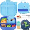 Dinosaur Lunch Box for Kids with Secret Compartment | 4 Compartments Bento Box + 12oz Insulated Food Jar | Leak-Proof Sauce Cup & Collapsible Spoon | BPA-Free, Dishwasher Safe(Blue+Blue Jar)