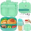 Dinosaur Lunch Box for Kids with Secret Compartment | 4 Compartments Bento Box + 12oz Insulated Food Jar | Leak-Proof Sauce Cup & Collapsible Spoon | BPA-Free, Dishwasher Safe(Green+Green Jar)