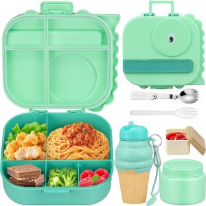 Dinosaur Lunch Box for Kids with Secret Compartment | 4 Compartments Bento Box + 12oz Insulated Food Jar | Leak-Proof Sauce Cup & Collapsible Spoon | BPA-Free, Dishwasher Safe(Green+Green Jar)