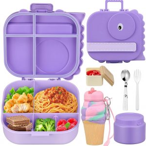 Dinosaur Lunch Box for Kids with Secret Compartment | 4 Compartments Bento Box + 12oz Insulated Food Jar | Leak-Proof Sauce Cup & Collapsible Spoon | BPA-Free, Dishwasher Safe