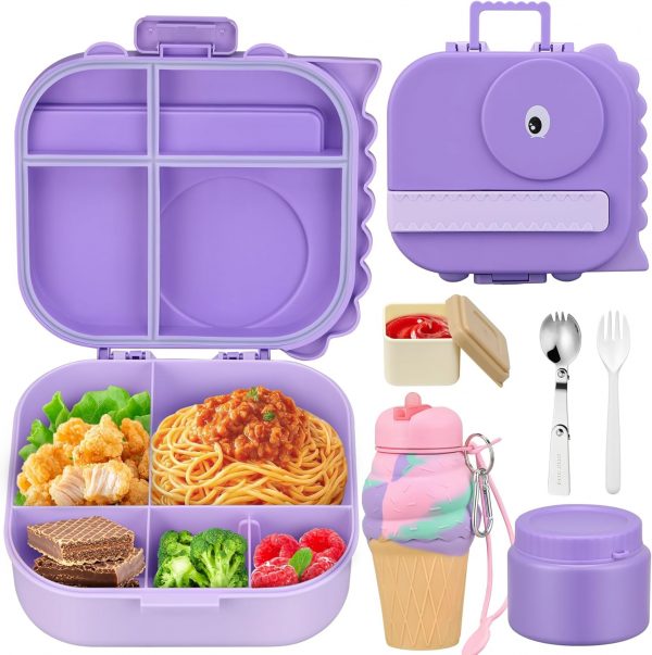 Dinosaur Lunch Box for Kids with Secret Compartment | 4 Compartments Bento Box + 12oz Insulated Food Jar | Leak-Proof Sauce Cup & Collapsible Spoon | BPA-Free, Dishwasher Safe