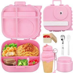 Dinosaur Lunch Box for Kids with Secret Compartment | 4 Compartments Bento Box + 12oz Insulated Food Jar | Leak-Proof Sauce Cup & Collapsible Spoon | BPA-Free, Dishwasher Safe (Pink+Pink Jar)