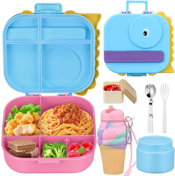 Dinosaur Lunch Box for Kids with Secret Compartment | 4 Compartments Bento Box + 12oz Insulated Food Jar | Leak-Proof Sauce Cup & Collapsible Spoon | BPA-Free, Dishwasher Safe(Colorful)