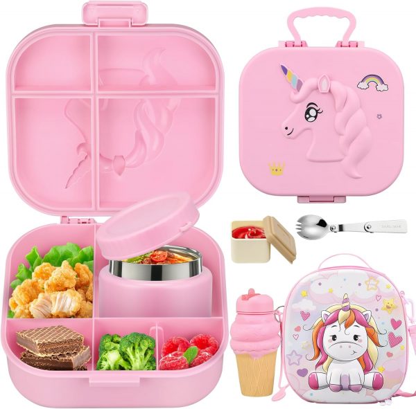 Kids Bento Lunch Box with 12oz Soup Thermo, Kids Leakproof Lunch Food Containers with 4 Compartment,Insulated Hot Food Jar with Lunch Bag for School, Travel (Pink+Pink Jar)