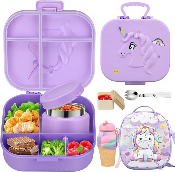 Kids Lunch Box Set -12oz Insulated Food Jar, Thermal Bag,Leakproof Lunch Food Containers Cutlery (BPA Free)-Gift for Girls/Boys Age 3-10(Purple+Purple Jar)