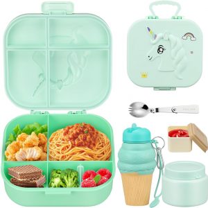 Kids Lunch Box Set -12oz Insulated Food Jar, Thermal Bag,Leakproof Lunch Food Containers Cutlery (BPA Free)-Gift for Girls/Boys Age 3-10(Green+Green Jar)