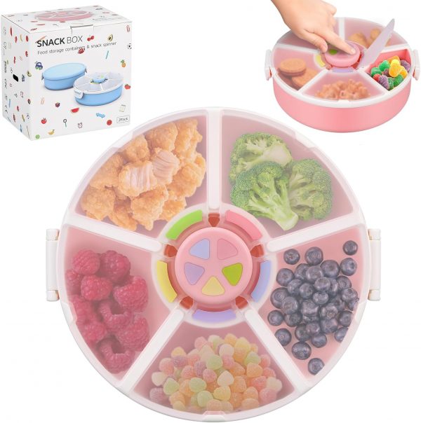 Kids Original Snack Spinner Bundle - Reusable Snack Container with 5 Compartment Dispenser and Lid | BPA and PVC Free | Dishwasher Safe | No Spill, Leakproof,for Toddlers,School (Pink)