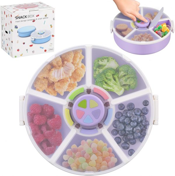 Kids Original Snack Spinner Bundle - Reusable Snack Container with 5 Compartment Dispenser and Lid | BPA and PVC Free | Dishwasher Safe | No Spill, Leakproof,for Toddlers,School (Purple)