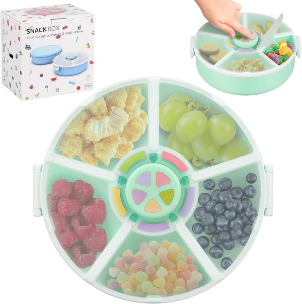Kids Original Snack Spinner Bundle - Reusable Snack Container with 5 Compartment Dispenser and Lid | BPA and PVC Free | Dishwasher Safe | No Spill, Leakproof,for Toddlers,School(Green)