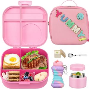 Kids Bento Lunch Box with 12oz Soup Thermo, Kids Leakproof Lunch Food Container with 4 Compartments, Insulated Lunch Bag & Water Cup for Girls Boys to School Travel