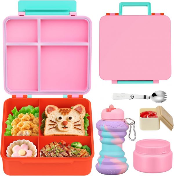 Bento Lunch Box for Kids with 9oz Soup Thermo, Leakproof Lunch Food Containers with 4 Compartment, Kids Thermo Hot Food Jar for School Travel