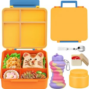 Bento Lunch Box for Kids with 9oz Soup Thermo, Leakproof Lunch Food Containers with 4 Compartment, Kids Thermo Hot Food Jar for School Travel