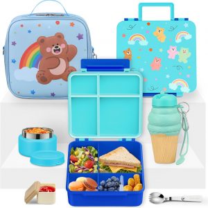 Lunch Box Kids with 5 Compartments, Insulated Food Jar & Utensil & Sauce Container & Lunch Bag & Silicone Collapsible Cup, Leak Proof Bento Box, BPA-Free & Dishwasher Safe-Blue
