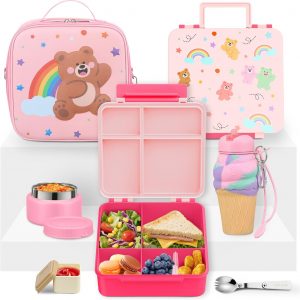 Lunch Box Kids with 5 Compartments, Insulated Food Jar & Utensil & Sauce Container & Lunch Bag & Silicone Collapsible Cup, Leak Proof Bento Box, BPA-Free & Dishwasher Safe-Pink