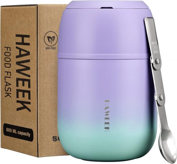 Insulated Soup Thermo 17oz - Stainless Steel Vacuum Lunch Box for Adults, Kids Leakproof Hot Food Container with Handle Folding Spoon (School Office Outdoor)