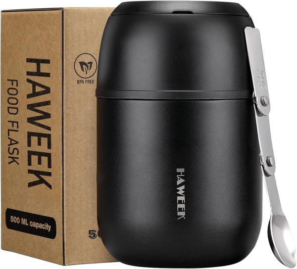 Insulated Soup Thermo 17oz - Stainless Steel Vacuum Lunch Box for Adults, Kids Leakproof Hot Food Container with Handle Folding Spoon (School Office Outdoor)