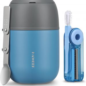 17oz Soup Thermo for Hot Food Adults Insulated Food Jar Thermo Hot Food Lunch Container Wide Mouth Stainless Steel Lunch Box for Kids with Folding Spoon Cleaning Brush Gray Blue