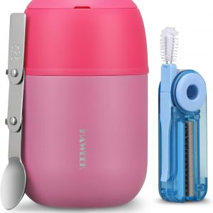 17oz Soup Thermo for Hot Food Adults Insulated Food Jar Thermo Hot Food Lunch Container Wide Mouth Stainless Steel Lunch Box for Kids with Folding Spoon Cleaning Brush Pink