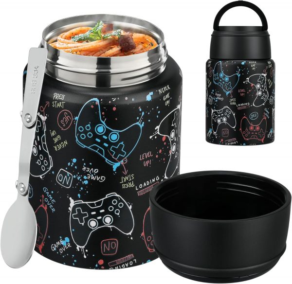Soup Thermo for Hot Food Kids 16oz Insulated Food Jar Leakproof Thermo Lunch Container for Kids Wide-Mouth Stainless Steel Lunch Box for School with Handle Folding Spoon(3+)​