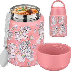 Soup Thermo for Hot Food Kids 16oz Insulated Food Jar Leakproof Thermo Lunch Container for Kids Wide-Mouth Stainless Steel Lunch Box for School with Handle Folding Spoon(3+)​