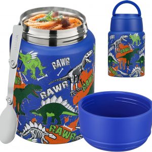 Soup Thermo for Hot Food Kids 16oz Insulated Food Jar Leakproof Thermo Lunch Container for Kids Wide-Mouth Stainless Steel Lunch Box for School with Handle Folding Spoon(3+)​