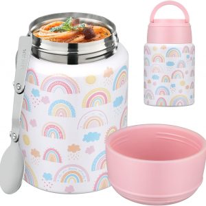 Soup Thermo for Hot Food Kids 16oz Insulated Food Jar Leakproof Thermo Lunch Container for Kids Wide-Mouth Stainless Steel Lunch Box for School with Handle Folding Spoon(3+)​