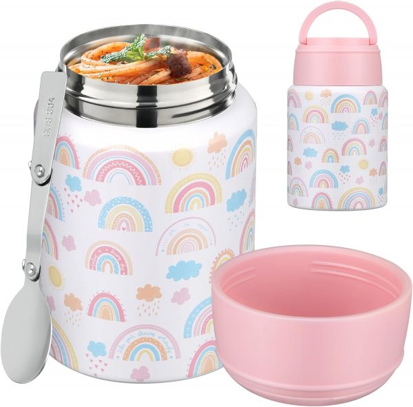 Soup Thermo for Hot Food Kids 16oz Insulated Food Jar Leakproof Thermo Lunch Container for Kids Wide-Mouth Stainless Steel Lunch Box for School with Handle Folding Spoon(3+)​