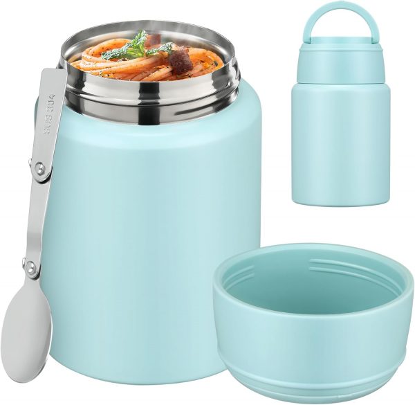 Soup Thermo for Hot Food Kids 16oz Insulated Food Jar Leakproof Thermo Lunch Container for Kids Wide-Mouth Stainless Steel Lunch Box for School with Handle Folding Spoon(3+)​